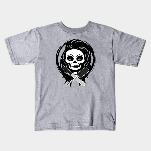 Female Nail Tech Skull and Manicurist Tools Black Logo Kids T-Shirt by Nuletto